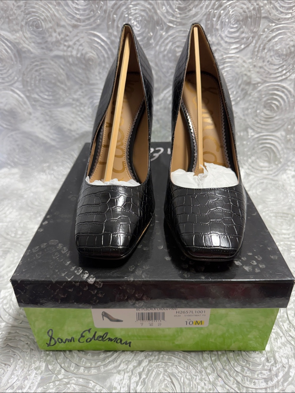Sam Edelman Black Croc-Embossed Square-Toe Pumps (Beth Croco Print)